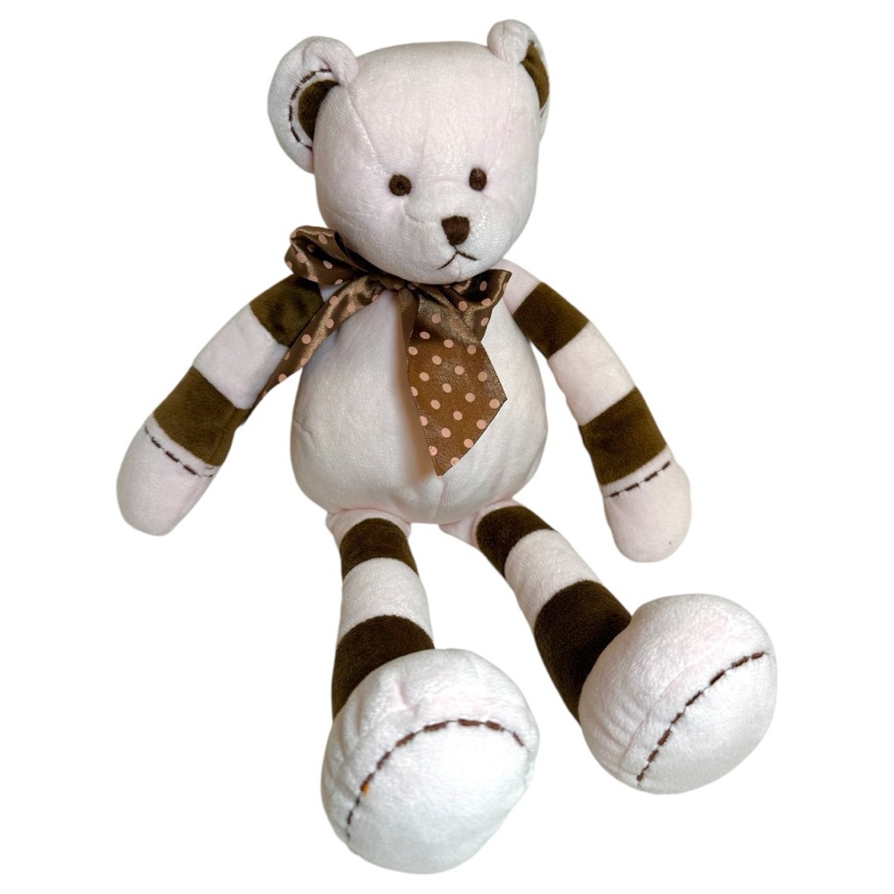 Teddy Bear - Pink & Brown Striped with Polka Dot Bow - 16”